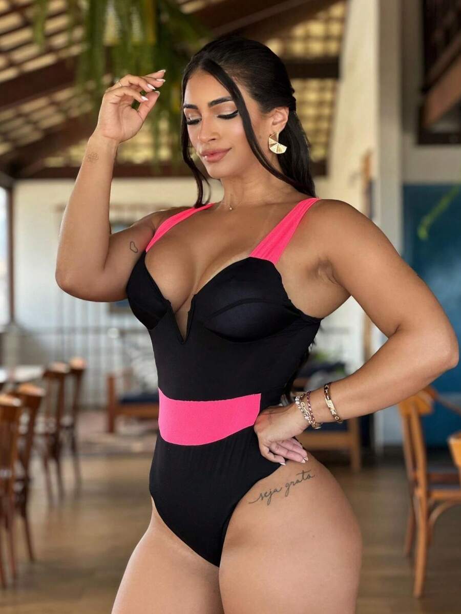 Women's Swimsuit With Printed And Plain Neckline Beachwear - 粉色 - 查看 1