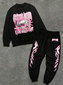 男士休闲卫衣长裤套装，印花设计，常规版型，百搭，春秋季 - 黑色 - 查看 4