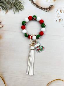 1pc Christmas Wooden Bead, Solid Color Silicone Bead, Tassel, Acrylic Santa Sock, Elderly, Bell, Snowman Charm Wristlet Keychain, Bag Pendant, Christmas Gift - Multicolor - View 12