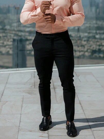 男士纯色休闲弹力锥形裤，百搭