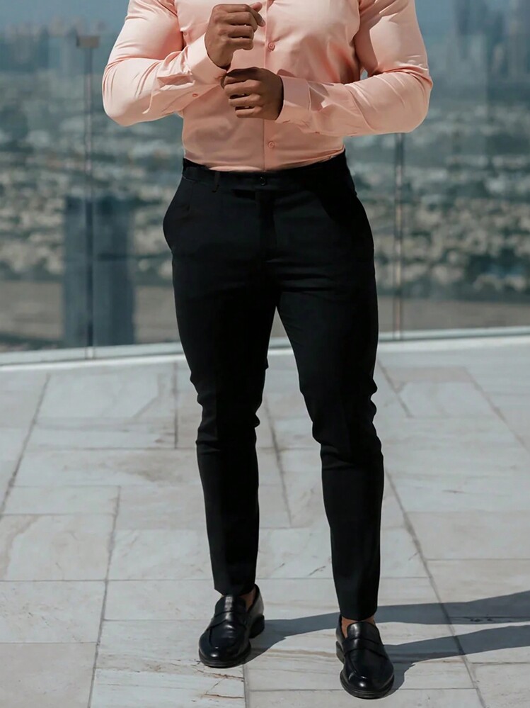 男士纯色休闲弹力锥形裤，百搭 - 黑色 - 查看 1