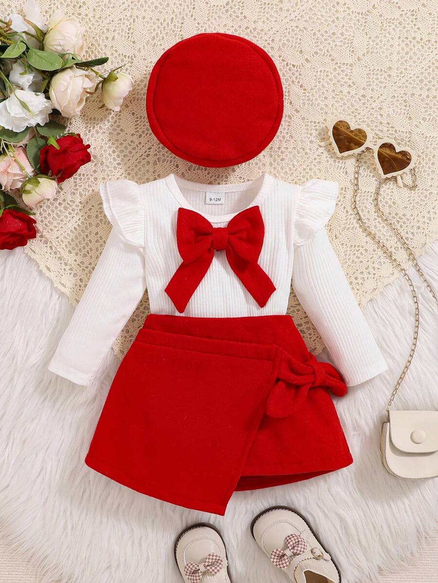 女婴白色长袖上衣配红色蝴蝶结装饰和红色设计裙子套装，秋冬 - 紅色 - 查看 1