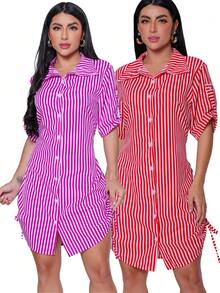 Kit 2 Women's Striped Shirt Dress Fashion Blogger - Tím + Đỏ - Xem 1