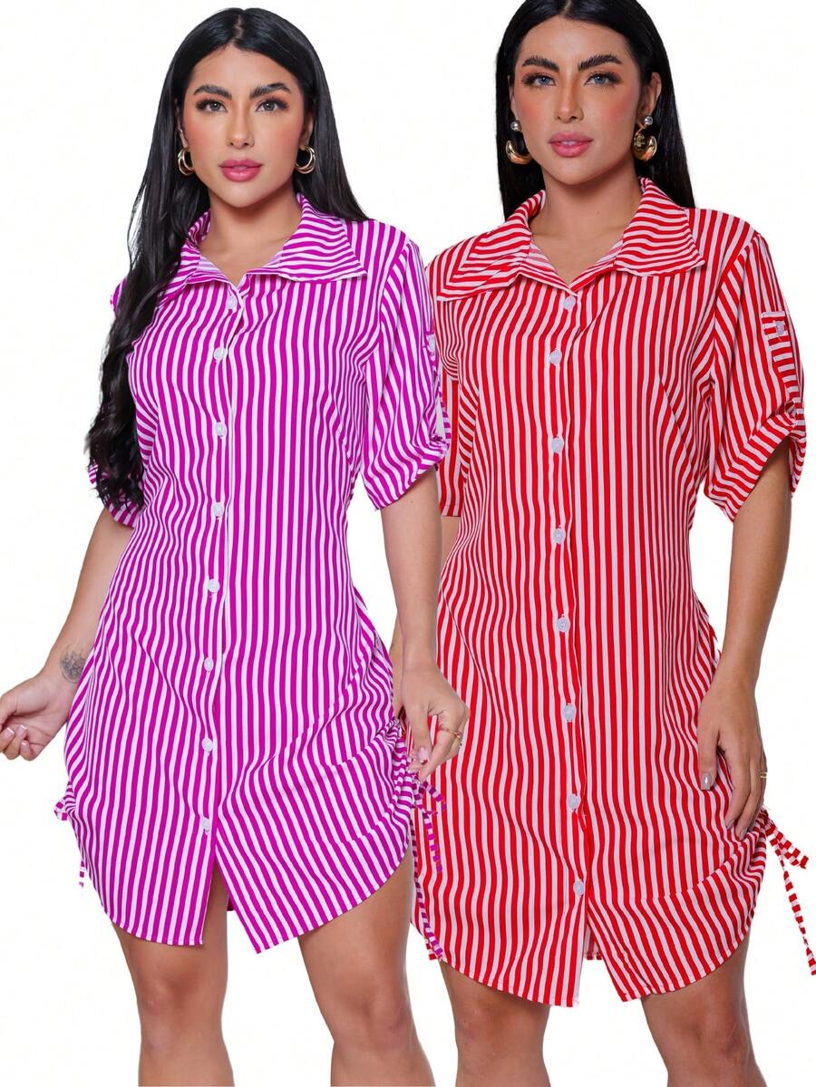 Kit 2 Women's Striped Shirt Dress Fashion Blogger - Tím + Đỏ - Xem 1