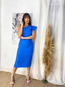 Bruna Dress With Elegant Single Sleeve Detail - Blue - View 5
