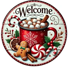 8x8英寸圆形金属圣诞欢迎牌 - 姜饼和节日花环装饰盘，适用于房间、墙壁、餐厅、酒吧、咖啡馆和车库装饰 - 姜饼主题，孔位随机 - 彩色 - 查看 3