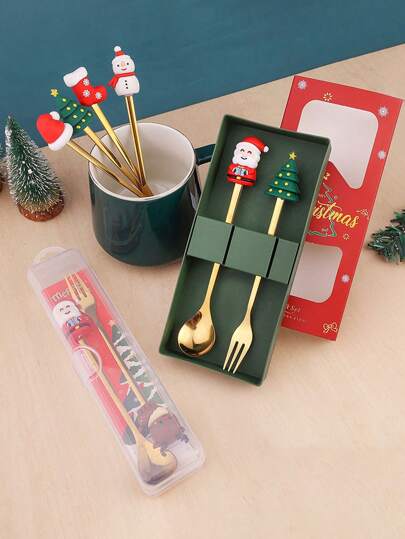 2pcs Gold Christmas Gift Gift Stainless Steel Spoon & Fork Set, Creative Dessert Spoon & Fruit Fork, Christmas Gift Coffee Spoon Gift Box, Suitable For Cafe, Home, Restaurant, Party, Ball, Office, Father's Day Gift, Mother's Day Gift, Gift For Friends, Boyfriend/Girlfriend, Family, Teachers, Colleagues, Christmas Gift Gift