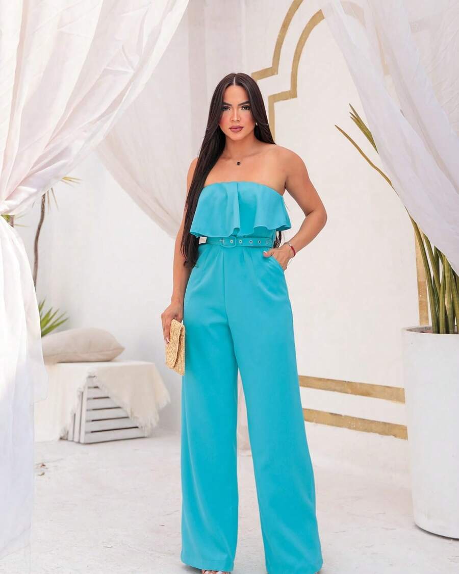 Women's Strapless Jumpsuit With Ruffles And Tailoring And Belt - Mint Blue - View 1