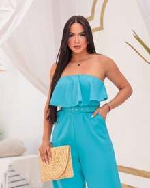 Women's Strapless Jumpsuit With Ruffles And Tailoring And Belt - Mint Blue - View 2