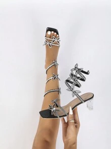 女士水钻和珍珠装饰性感尖头高跟凉鞋，采用蛇纹设计和缠绕带，适合夏季派对 - 黑色 - 查看 6