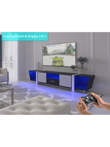 TV Console With Large Storage Cabinets, Biplane Shape Design LED TV Stand With Remote Control, Multiple Modes Changing Lights Modern Entertainment Center With Power Cord, Black,Good Furniture