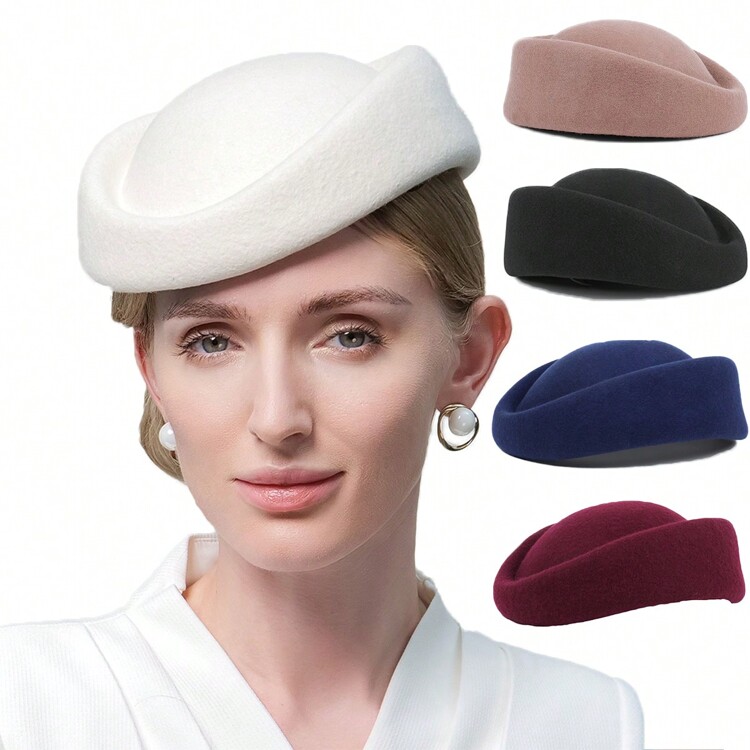 HIMESPORT 女士羊毛毡德比帽，优雅教堂鸡尾酒会下午茶礼服帽，正式婚礼新娘软毡帽，小圆帽，空乘贝雷帽 - A - 查看 13