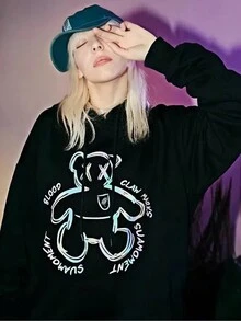 Áo nỉ trùm đầu họa tiết đen thời trang mới, áo chui đầu dáng rộng dày cho các cặp đôi, trang phục thể thao thường ngày phù hợp cho hàng ngày, trang phục thời trang đường phố cho mùa thu/đông - màu đen - Xem 3