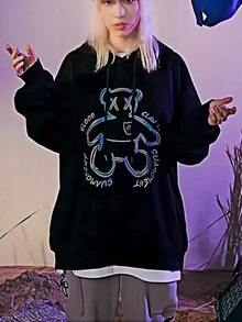 Áo nỉ trùm đầu họa tiết đen thời trang mới, áo chui đầu dáng rộng dày cho các cặp đôi, trang phục thể thao thường ngày phù hợp cho hàng ngày, trang phục thời trang đường phố cho mùa thu/đông - màu đen - Xem 6