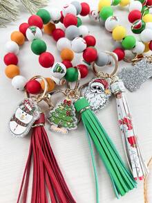 1pc Christmas Wooden Bead, Solid Color Silicone Bead, Tassel, Acrylic Santa Sock, Elderly, Bell, Snowman Charm Wristlet Keychain, Bag Pendant, Christmas Gift - Multicolor - View 1