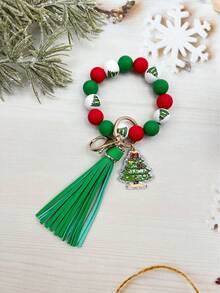 1pc Christmas Wooden Bead, Solid Color Silicone Bead, Tassel, Acrylic Santa Sock, Elderly, Bell, Snowman Charm Wristlet Keychain, Bag Pendant, Christmas Gift - Multicolor - View 3