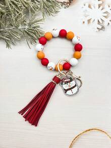 1pc Christmas Wooden Bead, Solid Color Silicone Bead, Tassel, Acrylic Santa Sock, Elderly, Bell, Snowman Charm Wristlet Keychain, Bag Pendant, Christmas Gift - Multicolor - View 4