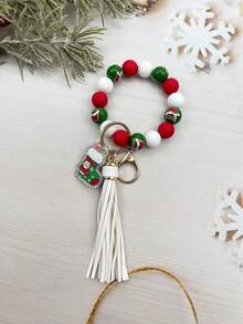 1pc Christmas Wooden Bead, Solid Color Silicone Bead, Tassel, Acrylic Santa Sock, Elderly, Bell, Snowman Charm Wristlet Keychain, Bag Pendant, Christmas Gift - Multicolor - View 7