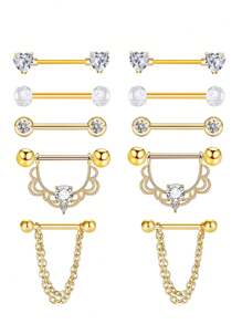 Set de 10 piezas de joyería de piercing de pezón de acero inoxidable chapado en oro con diseños de mariposa, cadena y flor de 14G, aros y piezas de pezón con forma de corazón, para uso en citas, fiestas, Día de la Madre, regalo