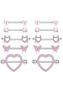 Set de 10 piezas de joyería de piercing de pezón de acero inoxidable chapado en oro con diseños de mariposa, cadena y flor de 14G, aros y piezas de pezón con forma de corazón, para uso en citas, fiestas, Día de la Madre, regalo