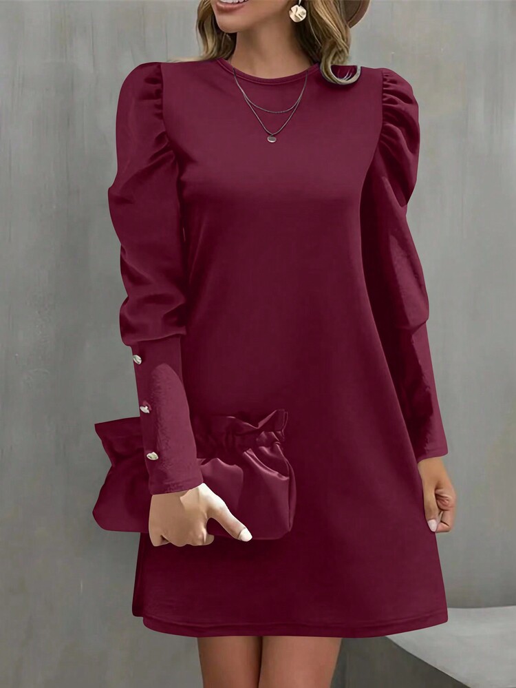 Women Spring/Summer Gigot Sleeve Round Neck Dress - Burgundy - View 1