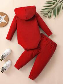2pcs Baby Boy Letter Print Hooded Long Sleeve Bodysuit + Pants Set - Red - View 2