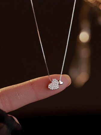  1pc S925 Sterling Silver Cubic Zirconia Double Heart Pendant Necklace, Hypoallergenic Luxury Minimalist Heart Shape Choker Necklace, Valentine's Day Gift For Girlfriend