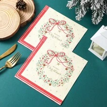 20 件 13 英寸 X 13 英寸 2 层圣诞黄色花环印花餐巾、派对桌装饰纸巾、圣诞快乐