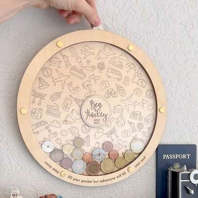 1pc Personalized Wooden Coin Holder - Ideal Travel Enthusiast Gift, Large Round Cash Bank With Unique Design, Perfect For Home Decor & Collecting Memories