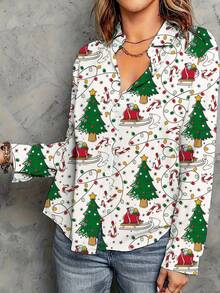 植物印花度假风格休闲衬衫，系扣长袖衬衫，女款