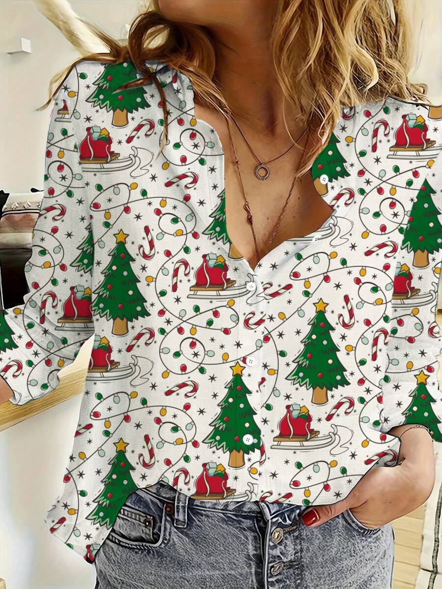 植物印花度假风格休闲衬衫，系扣长袖衬衫，女款