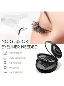 可重复使用的磁性双睫毛套装 - 轻松、自然、防水、无胶、易于佩戴、3D 假睫毛，配有涂抹器，可打造戏剧性的眼妆