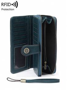 MIYIN 安全 RFID 屏蔽长钱包 - 大容量复古零钱包，带拉链和腕带 - 多卡槽长款手拿包卡夹，商务通勤现代便携式镂空复古风格双折长款钱包女士防盗刷折叠钱包腕带钱包，带多个卡槽和拉链口袋，送给她的礼物 - 水鴨藍 - 查看 4