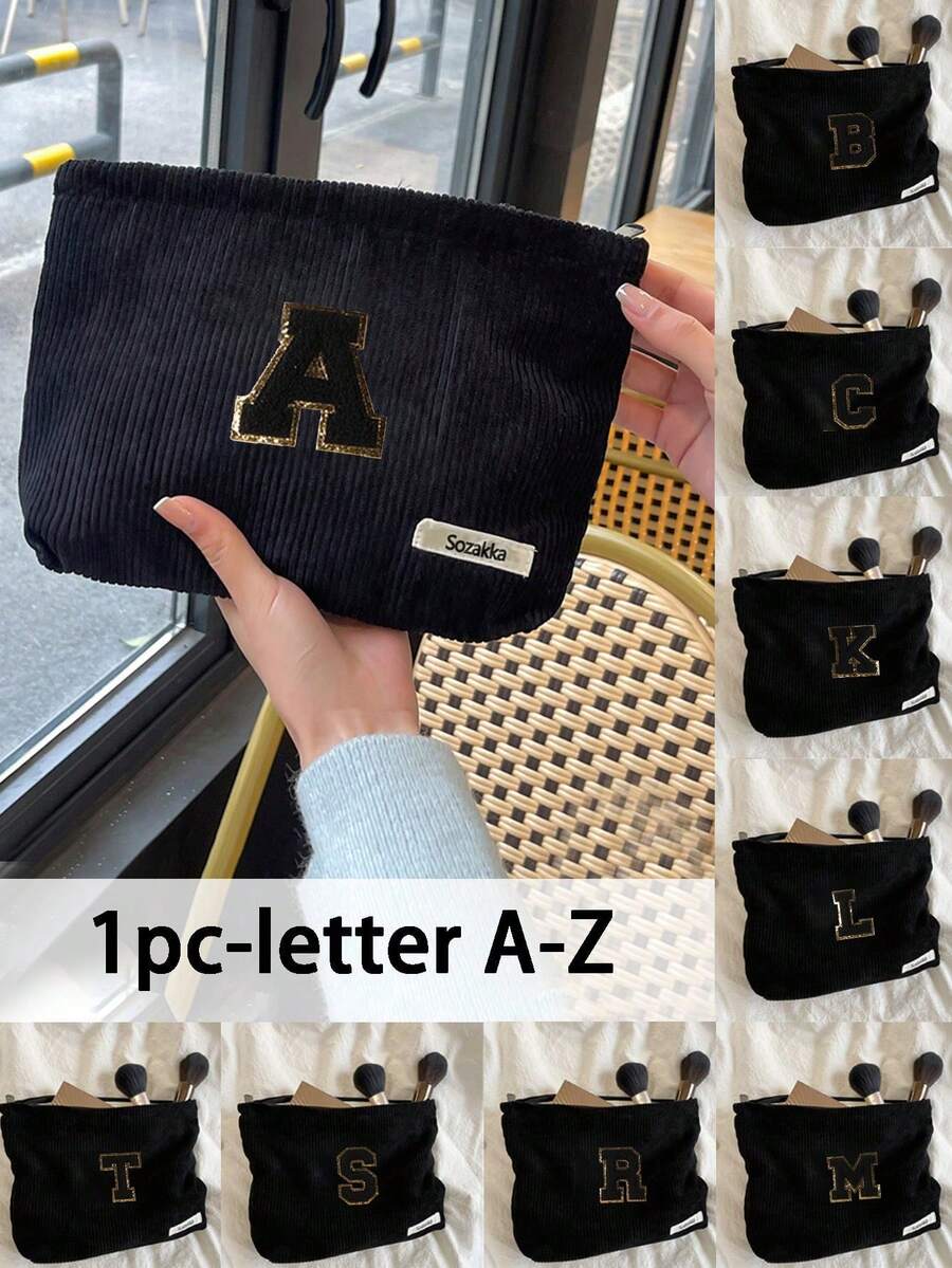 Túi cầm tay nhung kẻ, Túi đựng đồ trang điểm, Túi đựng đồ sọc đơn giản khi đi du lịch, Khăn đen thêu chữ A-Z, Ví đựng mỹ phẩm màu trơn, Túi đựng đồ trang điểm du lịch nhung kẻ dung tích lớn: Hoàn hảo cho việc làm đẹp khi di chuyển! Túi đựng đồ mỹ phẩm du lịch, Đơn giản và cao cấp, Đựng phụ kiện, Thích hợp để cất giữ trong ký túc xá, Du lịch, Đi công tác, Bơi lội, Đựng đồ tại nhà - màu đen - Xem 1