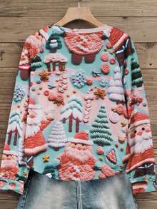女士圣诞新款休闲风格森林圣诞老人定位印花圆领插肩袖套头衫