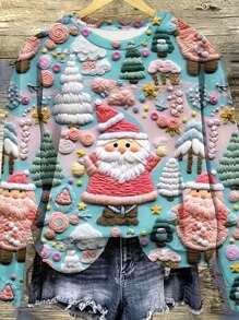 女士圣诞新款休闲风格森林圣诞老人定位印花圆领插肩袖套头衫