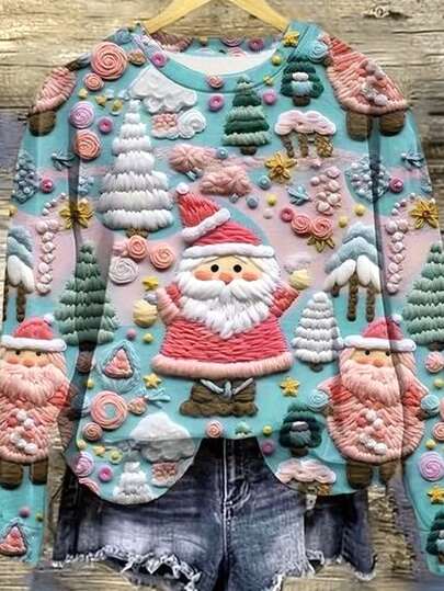 女士圣诞新款休闲风格森林圣诞老人定位印花圆领插肩袖套头衫