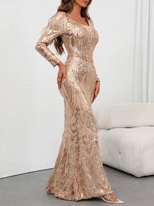 女士亮片美人鱼下摆长袖优雅婚礼宴会毕业派对礼服 - 香檳色 - 查看 4