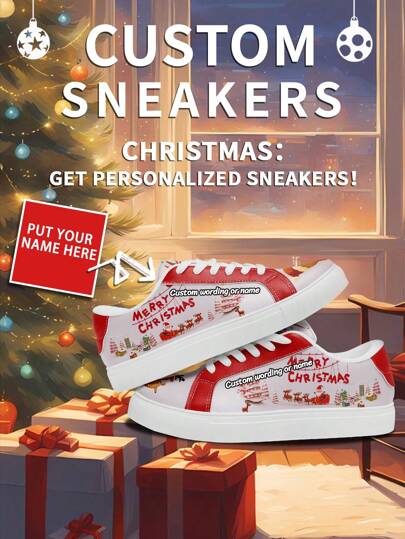 1 Pair Of Custom Christmas Sneakers With Personalized Name, Tailored Santa Photo Sneakers, Custom Name Holiday Shoes, Unique Footwear With Festive Designs, Personalized Photo Sneakers, Custom Shoes For Him And Her, Casual Holiday Sneakers, Ideal Gift For Mom/Dad/Her/Him/Girlfriend/Boyfriend/Wife/Husband/Friend.