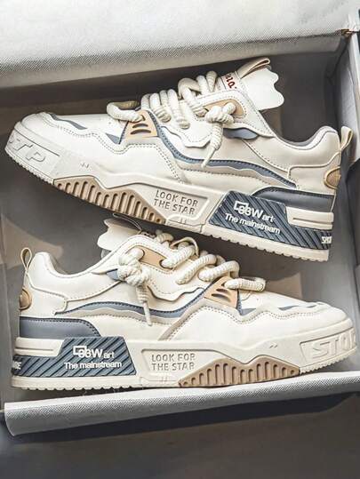 Zapatillas deportivas piel PU colorblock para hombre punta redonda con cordones, tenis cómodos antideslizantes de uso casual, calzado ideal para trabajo deportes y uso diario