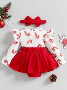新生女宝宝圣诞服装长袖荷叶边可爱圣诞老人连体衣连衣裙婴儿套装 - 紅白色 - 查看 2