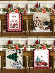 1pc Christmas Table Runner, Solid Color Christmas Tree, Black & Red Plaid Border, Red Mini Car & 3 Gnomes Graphic Theme, "Merry Christmas", Made Of Polyester Fabric, For Winter Holiday Family Party, Restaurant & Living Room Table Decor - Multicolor - View 1