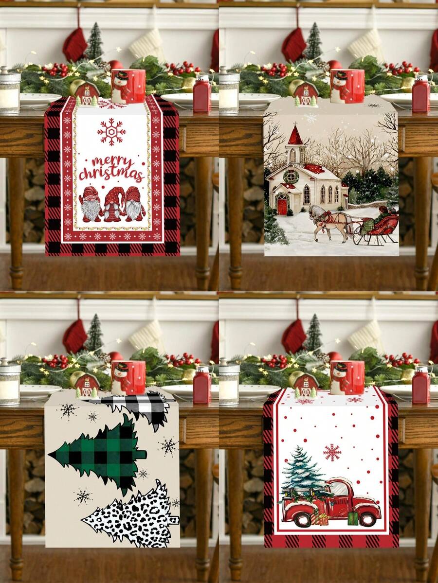 1pc Christmas Table Runner, Solid Color Christmas Tree, Black & Red Plaid Border, Red Mini Car & 3 Gnomes Graphic Theme, "Merry Christmas", Made Of Polyester Fabric, For Winter Holiday Family Party, Restaurant & Living Room Table Decor - Multicolor - View 1