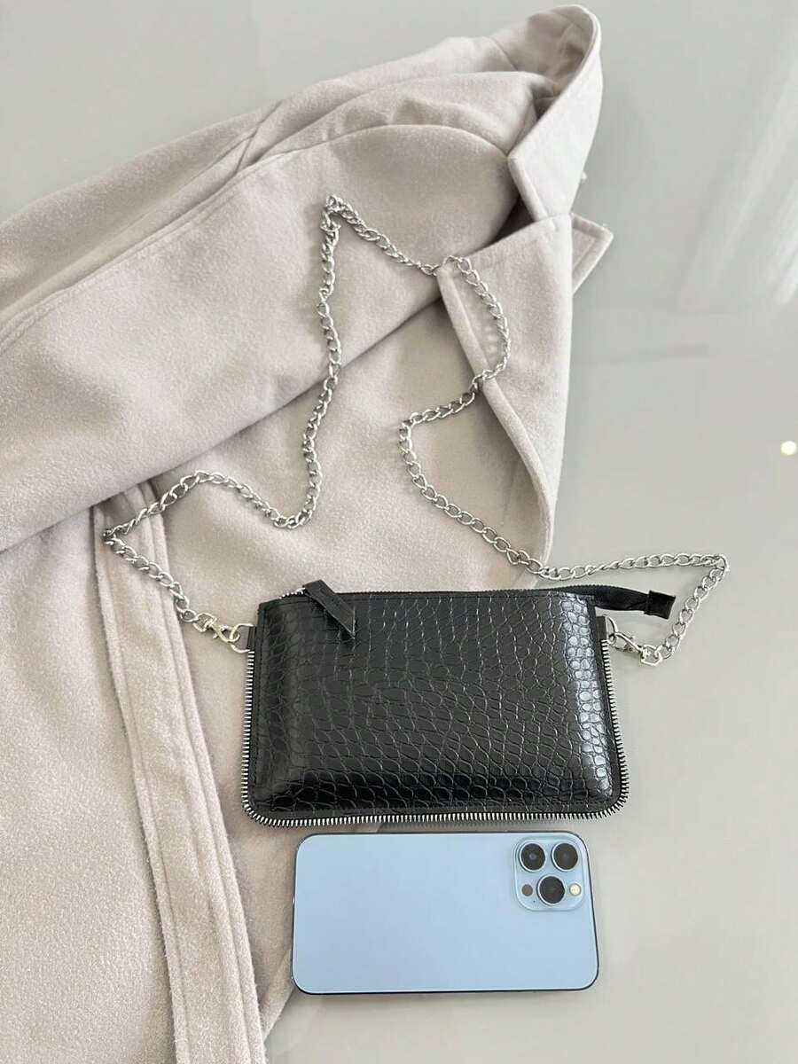 Women's Party Handbag With Crocodile Metal Chain Strap Wallet - Black - View 1