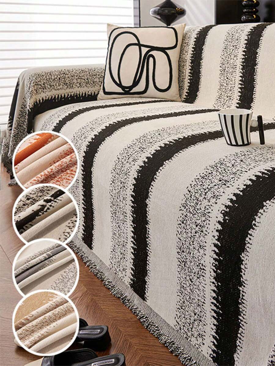 1pc Boho Style Sofa Throw Cover - Versatile Four-Season Chenille Slipcover For Armchair, Loveseat, 3-Seater Or 4-Seater Sofas, Sectional Couch - Machine Washable, Polyester Fiber Filling - Protects Home Furniture With Separate-Seat Design - Black - View 1