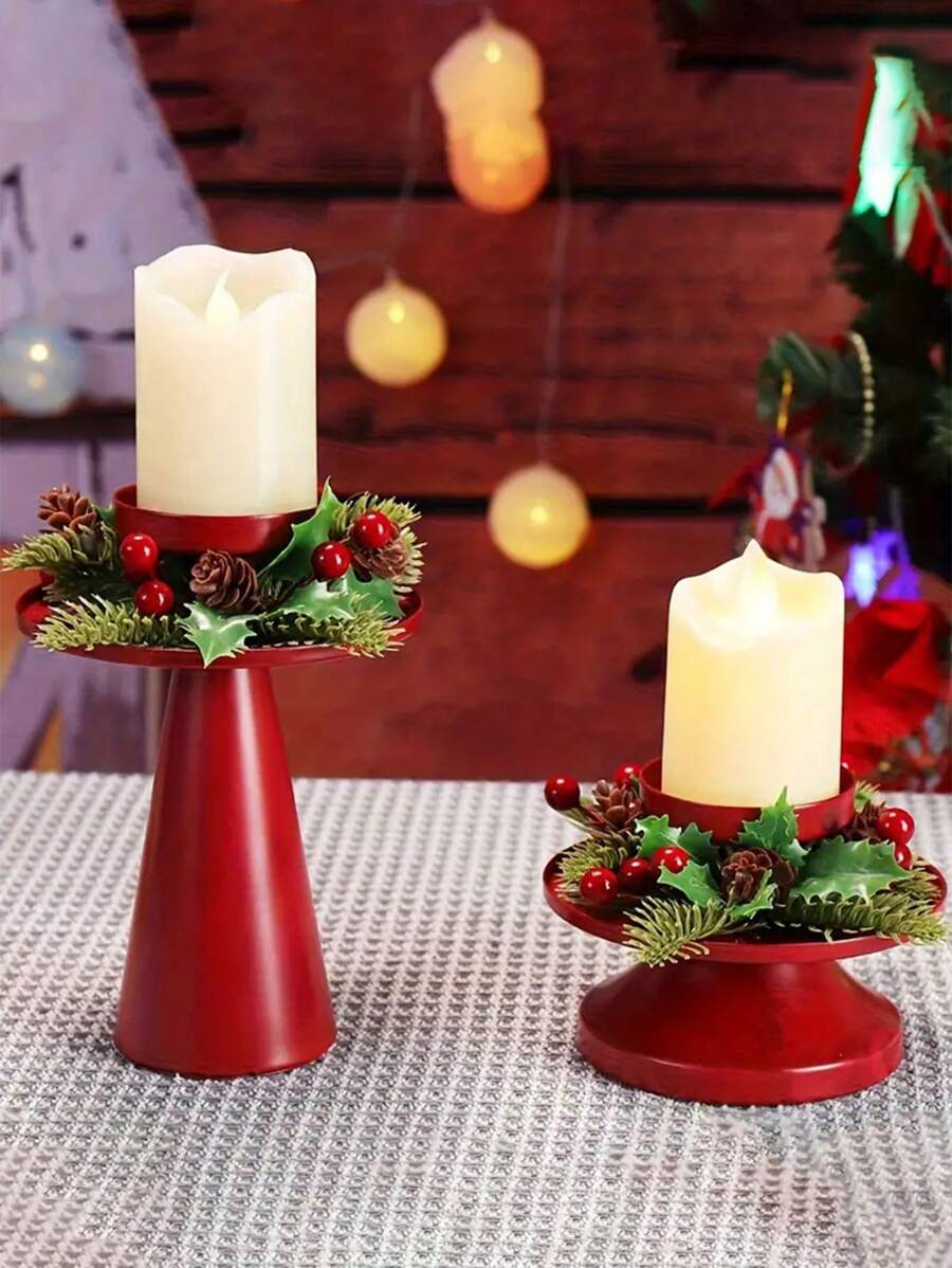 HOMEFISH Bộ 2 chân nến Giáng sinh cổ điển - Chân nến để bàn bằng gang có vòng hoa trang trí, hoàn thiện bằng sơn, dùng để trang trí Giáng sinh và ngày lễ tình nhân, quà tặng tuyệt vời nhất - Đỏ - Xem 1