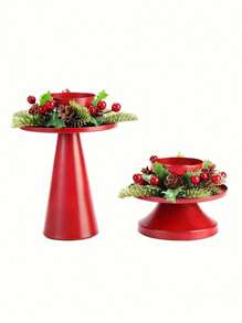 HOMEFISH Bộ 2 chân nến Giáng sinh cổ điển - Chân nến để bàn bằng gang có vòng hoa trang trí, hoàn thiện bằng sơn, dùng để trang trí Giáng sinh và ngày lễ tình nhân, quà tặng tuyệt vời nhất - Đỏ - Xem 3