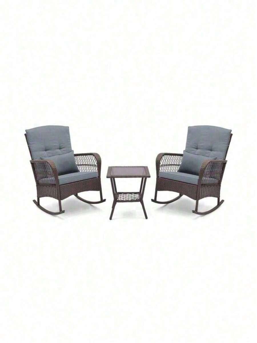 3 PCS Rocking Bistro Rattan Conversation Dining Sofa Set W/ 2-Tiers Coffee Table - 1 - 查看 1