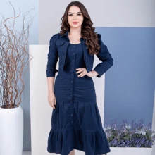Women's Set: Square Neckline Dress With Buttons And Twill Denim Jacket - Màu xanh hải quân - Xem 4