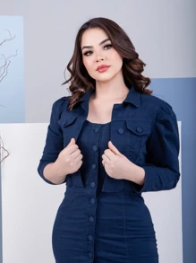 Women's Set: Square Neckline Dress With Buttons And Twill Denim Jacket - Màu xanh hải quân - Xem 5